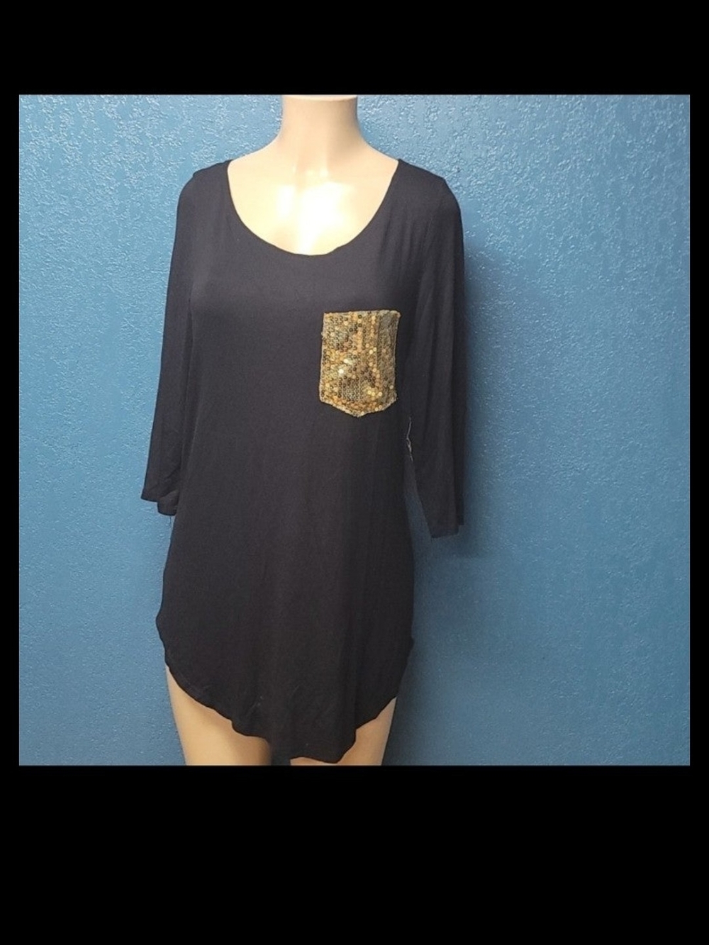Women's Black Scoop Neck Top with Gold Sequin Pocket